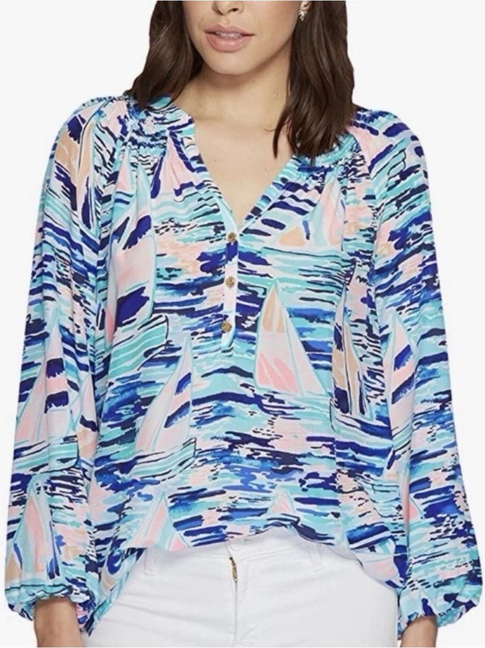 Lilly Pulitzer Sailboat-Print Henley Blouse in Blue and Pink